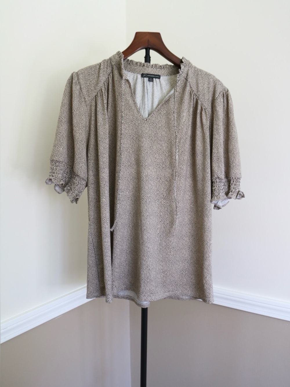 Lightweight Taupe V-Neck Blouse with Smocked Sleeves Adrianna Papell